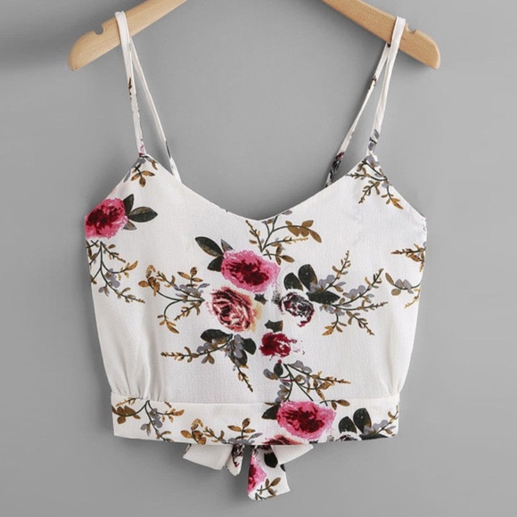 Tops - White & Pink Floral Tie Waist Sleeveless Crop Top